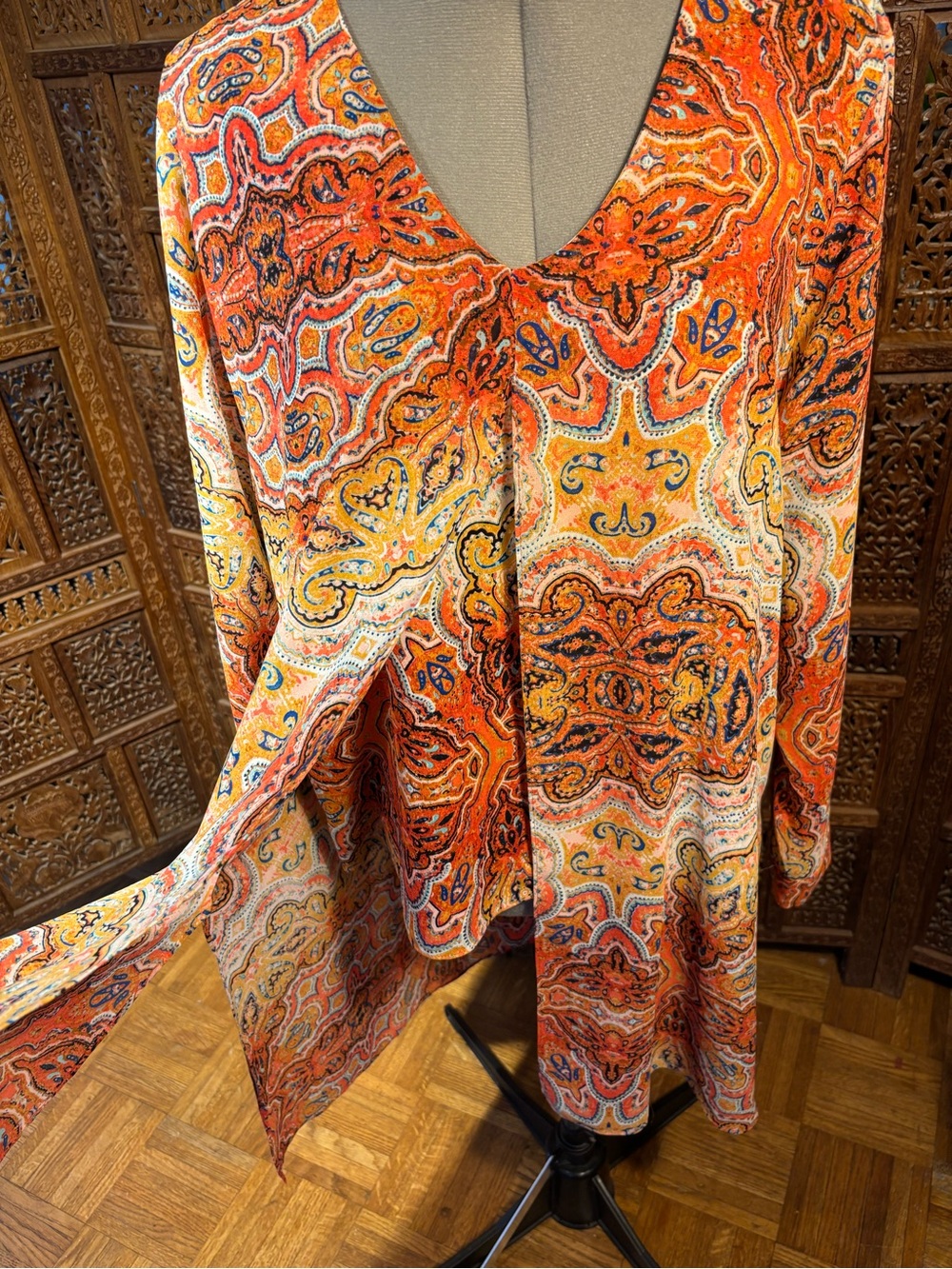 Chico’s Vibrant Orange Paisley V-Neck blouse with wrap attached